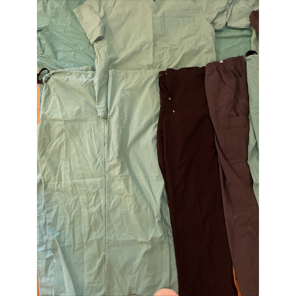 Set Of Size Large Women's Scrubs Blue, Teal, And Black; 6 Bottoms and 7 Tops - Picture 2 of 8